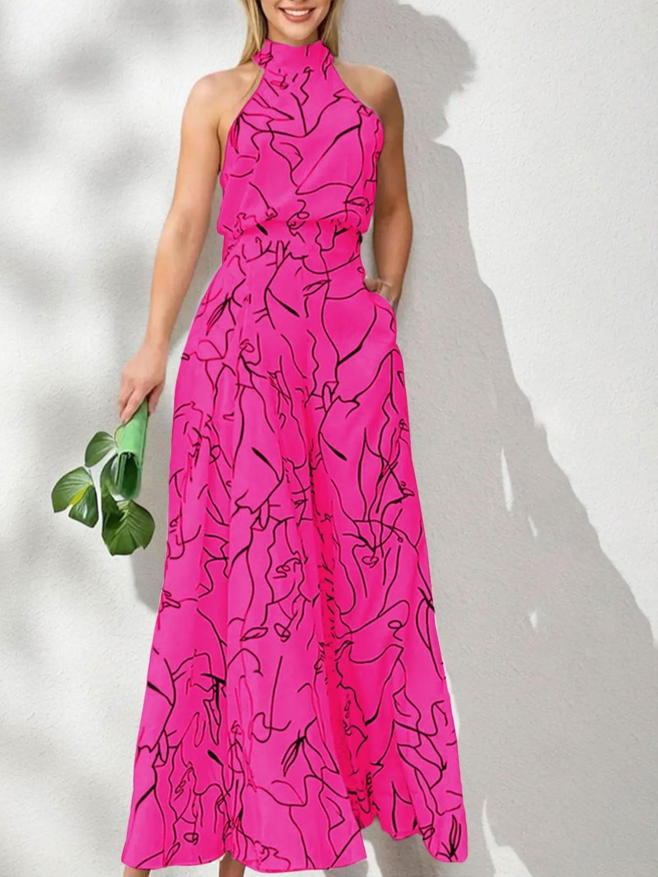 Women's All Over Print Pocket Tie Back Halter, Casual Sleeveless Wide Leg Elegant Fashion Jumpsuit For Summer, Fashion Ladies Clothes For Beach Holiday Vacation