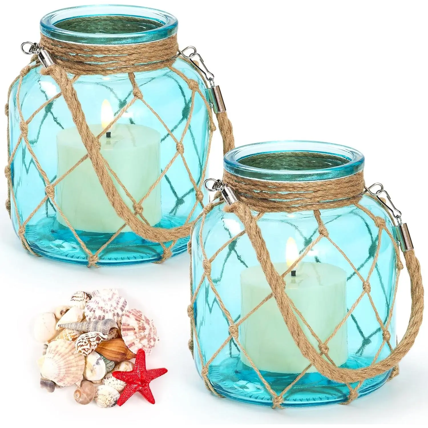 2-Set Nautical Decorative Colored Glass Candleholder Kit, Coastal Blue Jars with Rope Handles, Flameless LED Candles & Sea Shells for Room Centerpiece Bathroom DIY Decor
