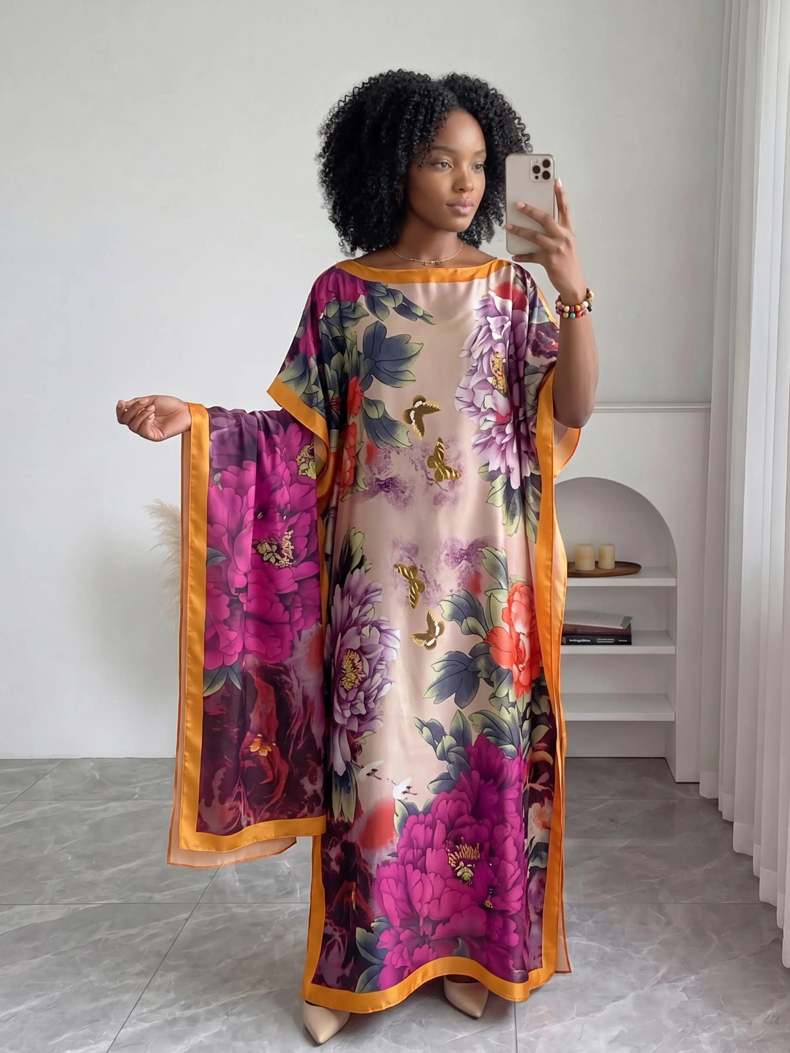 Women's Fashion Elegant Floral Print Moomoo Robe Set, Long Dress with Headscarf, Beach Sun Protection Silk Scarf, Summer