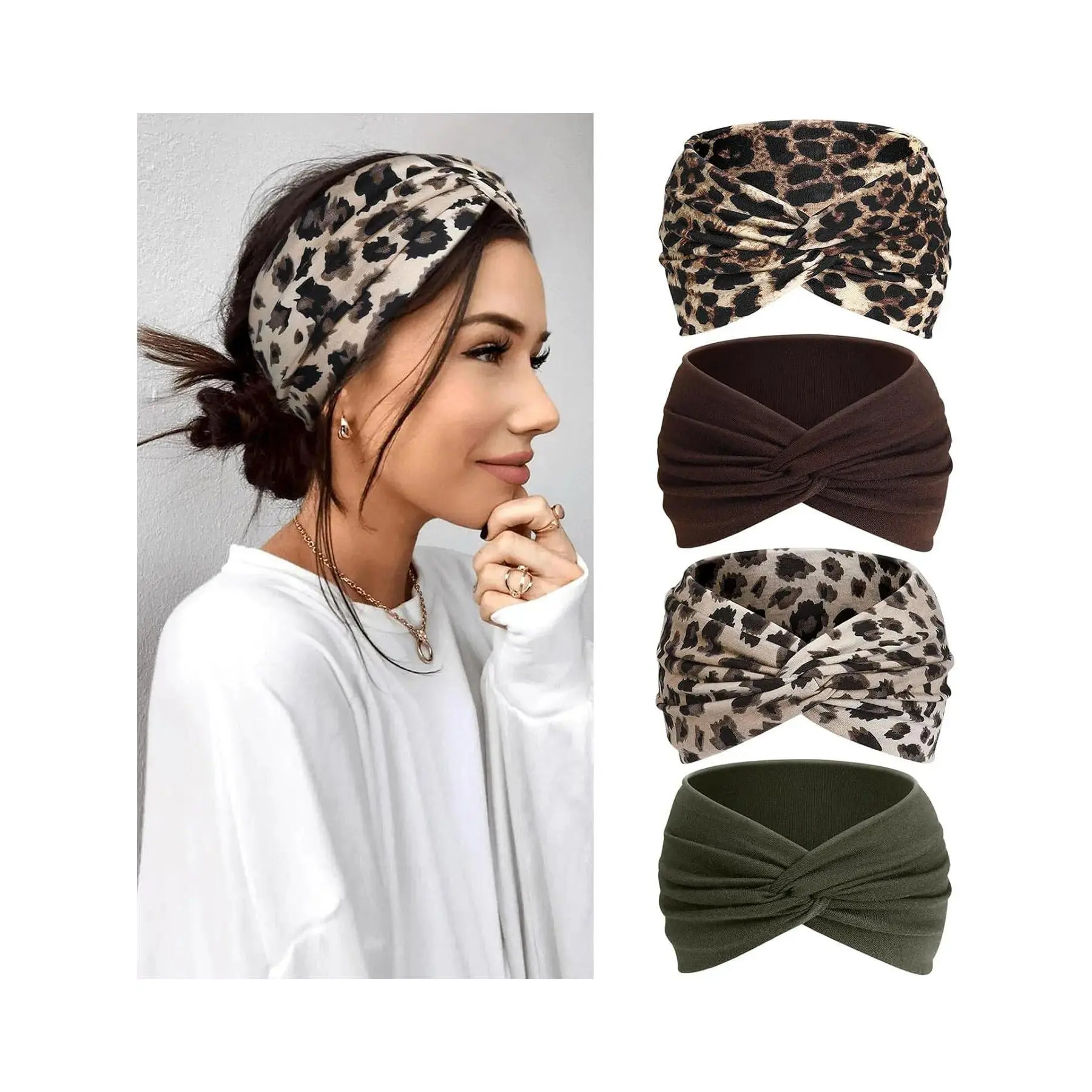 Women's 4-Piece Elastic Headbands Kit - Boho Vintage Paisley Stripes, Tie-Dye Aesthetics, Bow Accent, Flexible Fabric, 1-Size Secure Hold for Sports, Spa Days, All-Seasons Hair Accessories for Women, Headbands For Women
