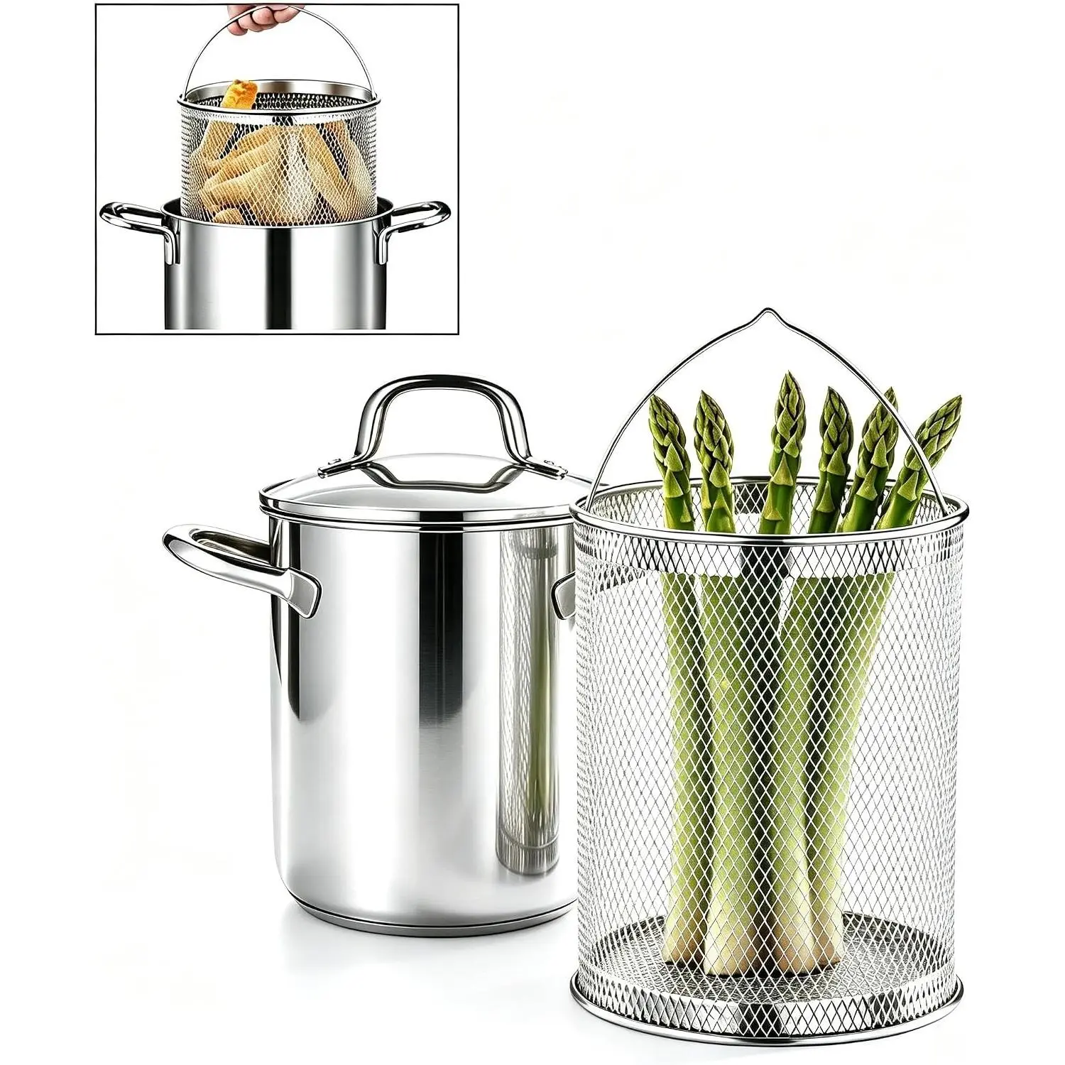 Asparagus Pot Stainless Steel Cooking Pot with Strainer and Lid 4L Pasta and Asparagus Cooker Kitchen Cookware for Noodles, Spaghetti, Deep Frying, Large Capacity, Dishwasher Safe