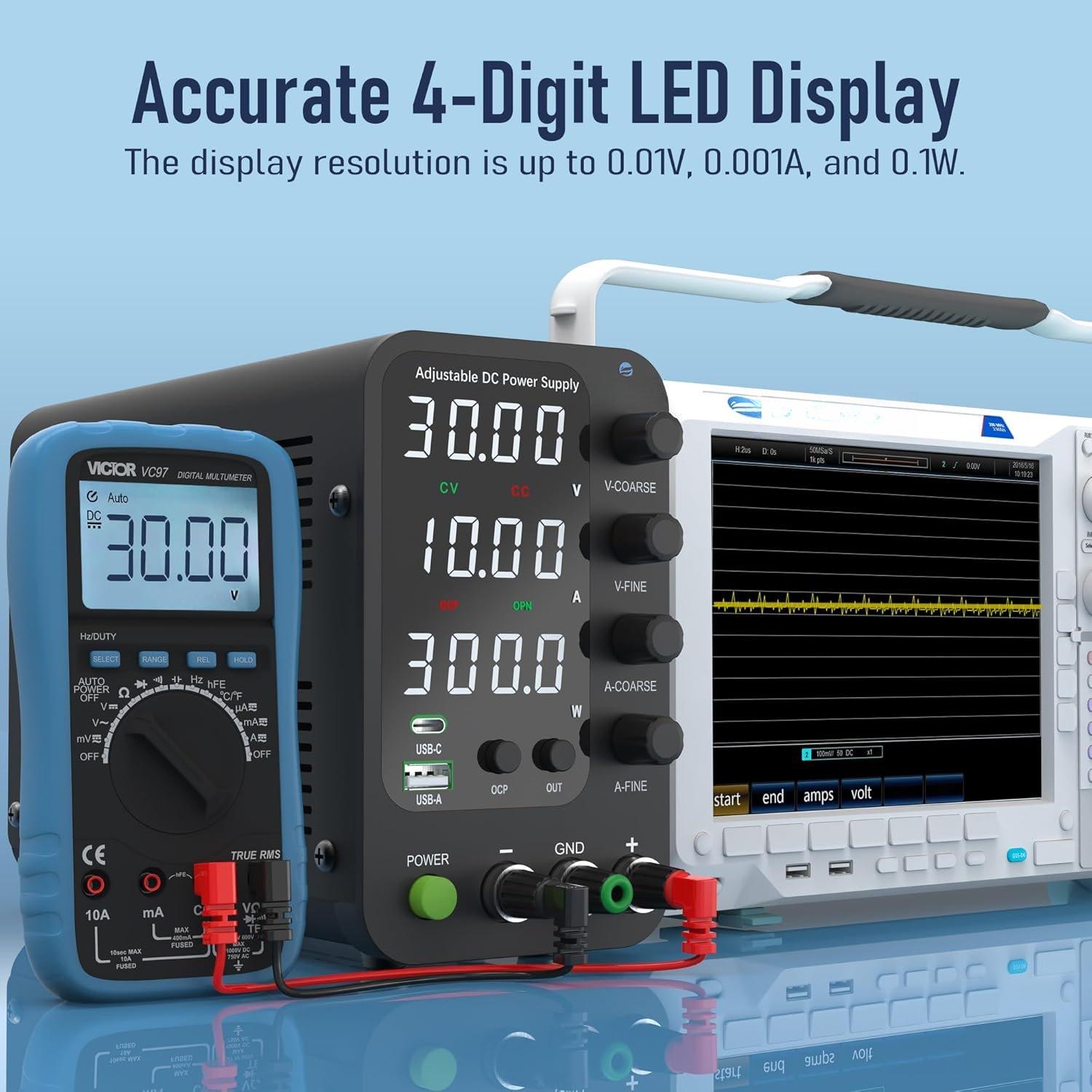 DC Power  Variable, 0-32V 0-10A Switching Bench Power  with 20W USB & Type-C Quick-Charge, Encoder Corase & Fine Adjustment Knob, Output , 4-Digit LED Display - SPS-3010V