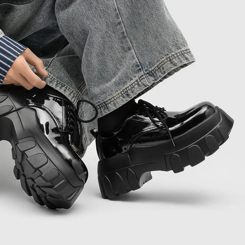 Mens Chunky Platform Shoes Patent Leather Lace Up Round Toe Creepers Lug Sole Gothic Punk Dress Oxfords Low Top Height Increasing Y2K Grunge Streetwear Glossy Vintage Non Slip Heavy Duty Casual