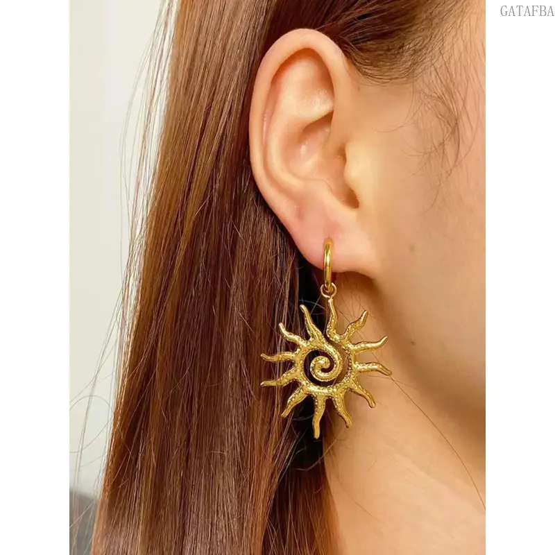 Trendy Oversized Hypoallergenic Stainless Steel Hammered Spiral Sun Drop Earrings Minimalist Creative Women Jewelry Versatile Daily Party Gift For Her