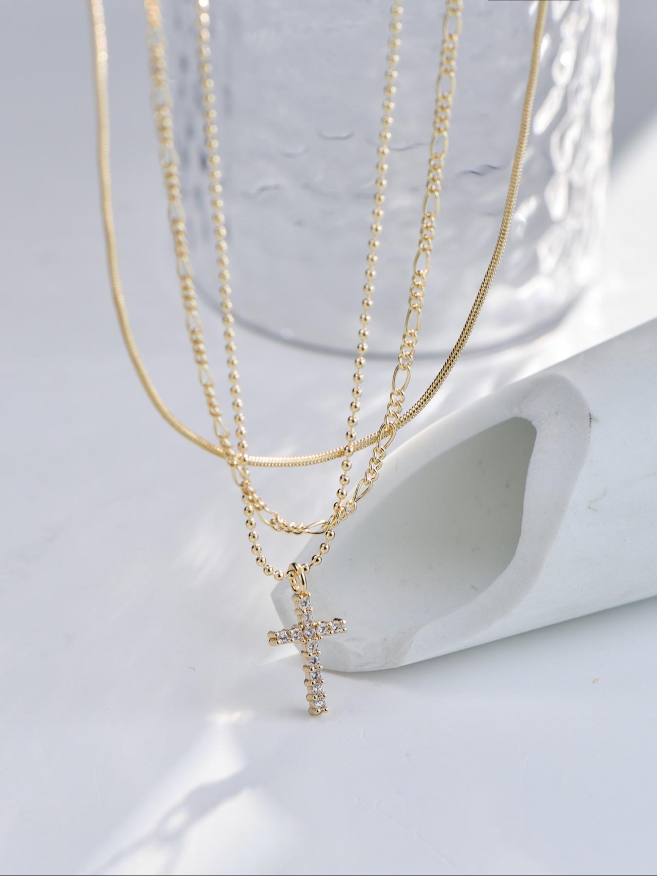 Elegant Women's Layered Necklace Set, Multi-Layer with Artificial Zirconia Stones, Faith-Inspired Jewelry Collection, Cross Charm Necklace, Multilayer Cross Necklace