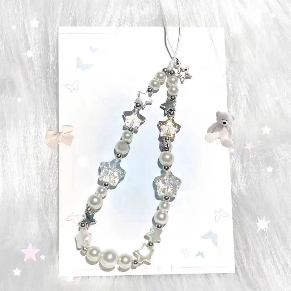 2026 Korean Style Pearl & Star Beaded Short Phone Chain, Cute Girls Wrist Pendant Lanyard for Phone Case