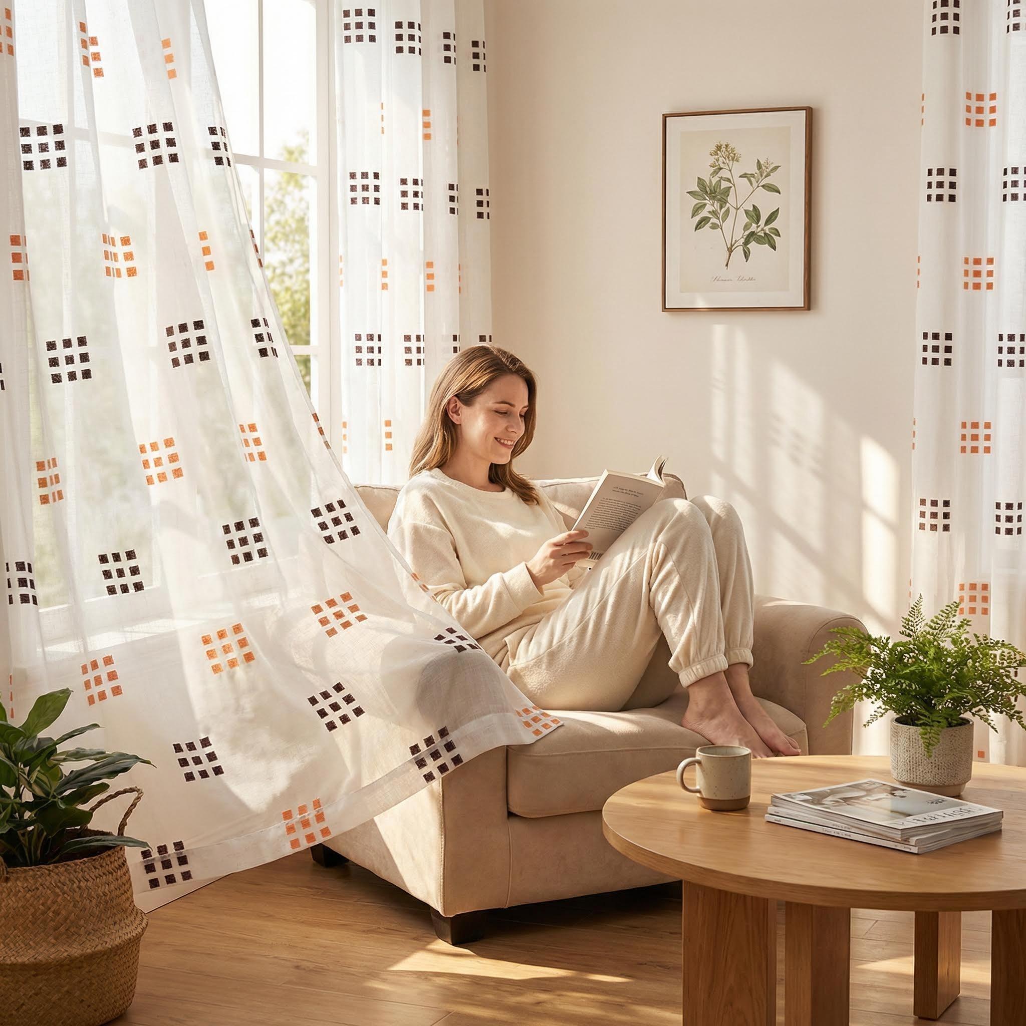 Cozy Curtain 2 Panels 52X84Inch is made of bamboo-jointed linen fabric, combined with embroidery technique, featuring a two-color nine-square pattern, with a metal ring at the head. It is easy to install, has a unique style, and is labeled as CT278.