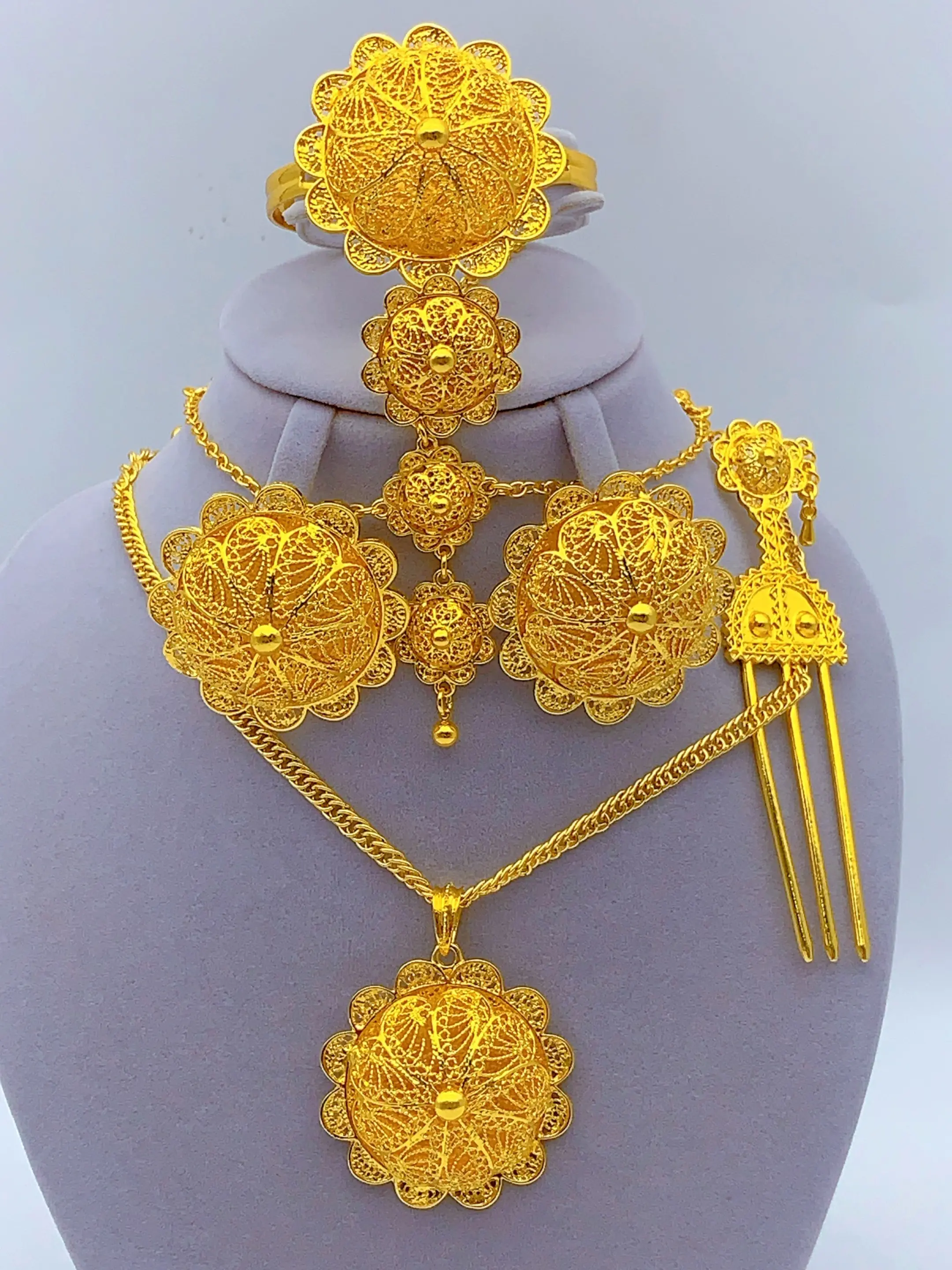6-Piece Ethiopian Fashion Jewelry Set for women, Vintage Elegant Style, Hollow Design Necklace Bracelet Ring Earrings Hairpin Combo, Women's Daily Party Gift Wedding Jewelry, Jewellery Gift Set