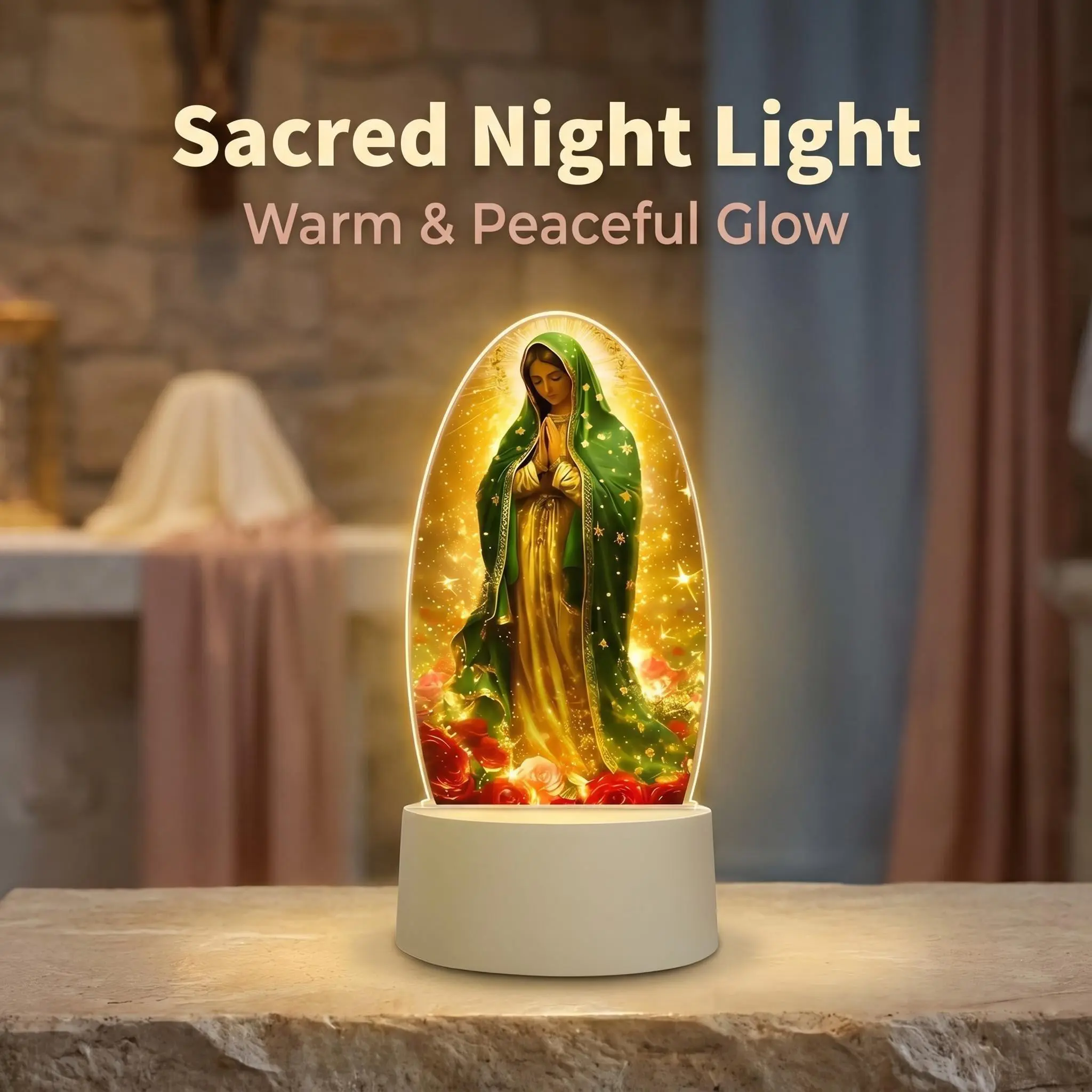 Sacred Our Lady of Guadalupe 7-Color USB Warm Light Floral Prayer Lamp - Ornate Stylish Spiritual Religious Decor, Prayer Room Decor, Boxed Catholic Baptism Mom Gift