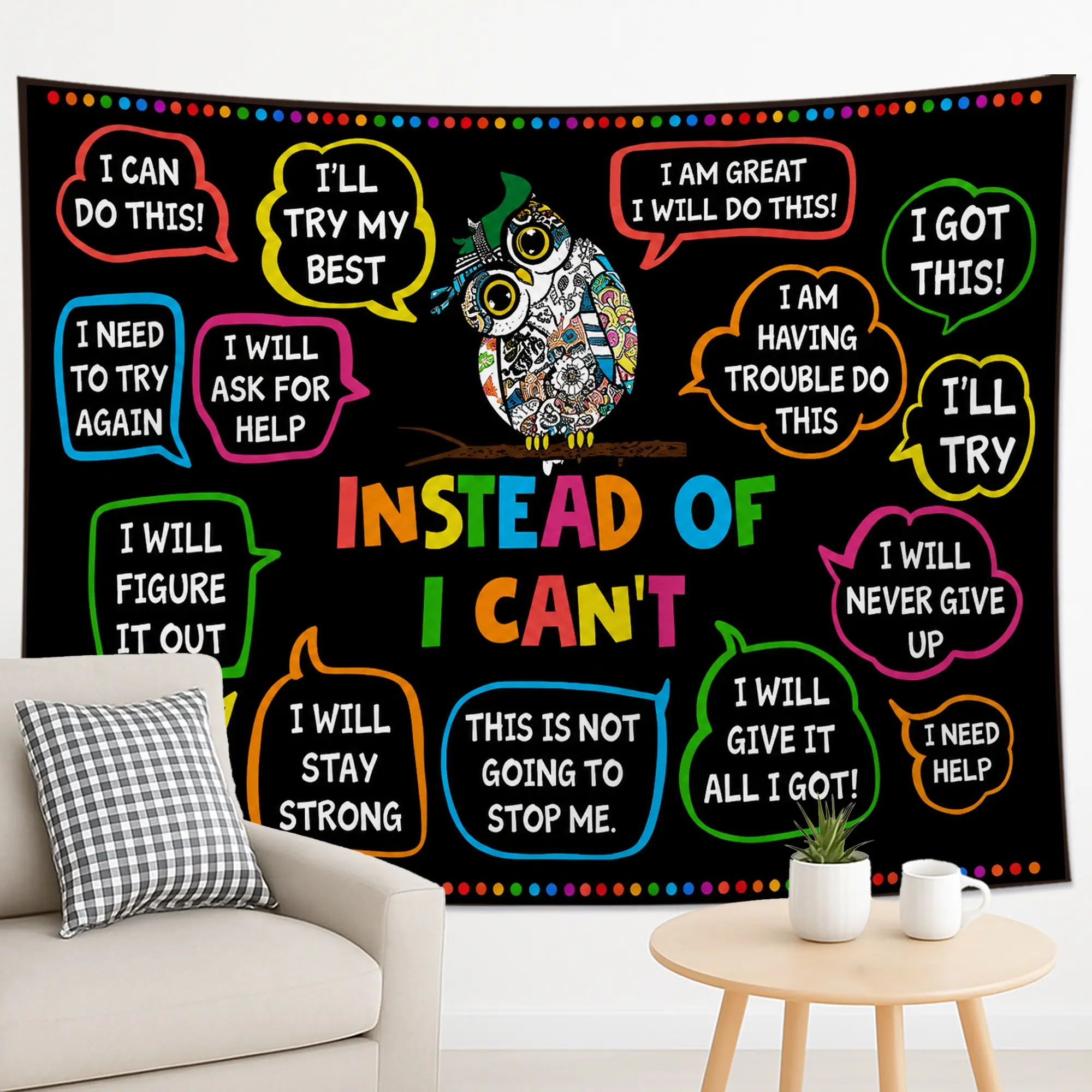 1PC Positive Affirmation Owl Wall Tapestry, Colorful Motivational Classroom Wall Decor for Study Room Classroom Kids Room