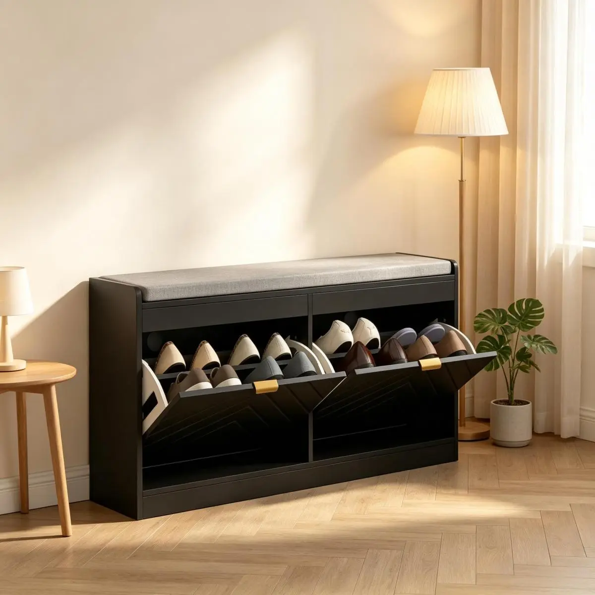 [Bellemave] Narrow Upholstered Entryway Storage Bench, Shoe Rack Bench with 2 Flip Drawers & 2 Vents, Holds 8 Pairs of Shoes
