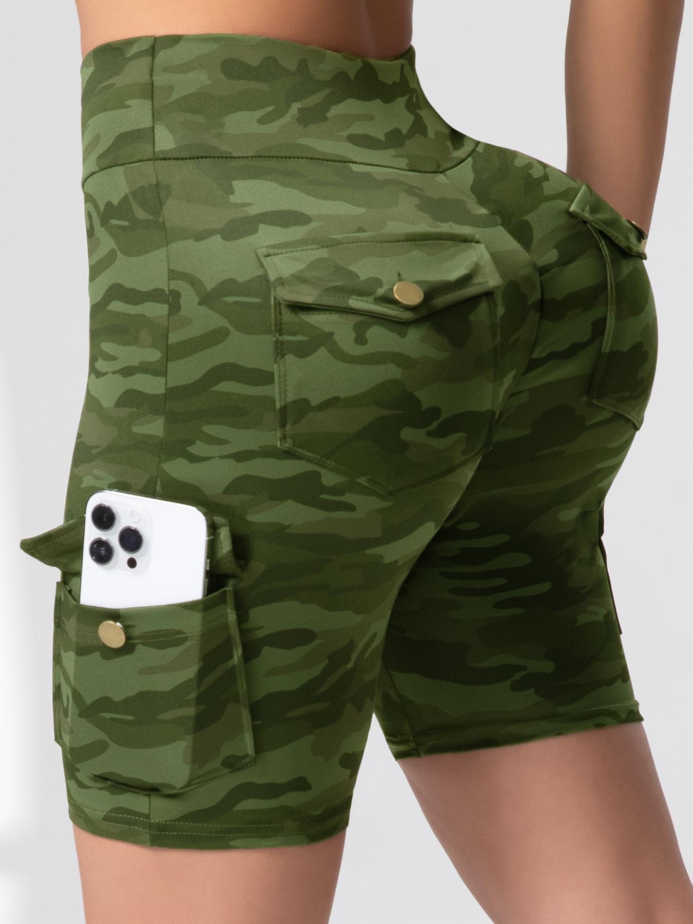 Women's Camo Print Flap Pocket Cargo Shorts, Casual Tight-fitting Shorts for Gym Workout, Ladies Sportswear for Summer, Womenswear