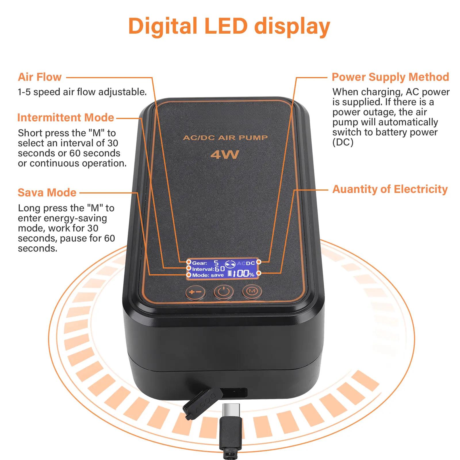Aquarium Bubble Tube Aquarium Air Pump, Rechargeable Portable Oxygen Pump with Single/Dual Outlets, Ultra Quiet Battery Powered Air Bubbler for Fish Tank up to 200 Gallon