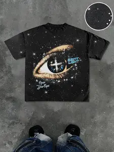 Men's Casual Short Sleeve T-Shirt, Saint Eye Print + Shiny Star Points, Silver Color Fabric, Comfortable Fit, All Seasons Wear