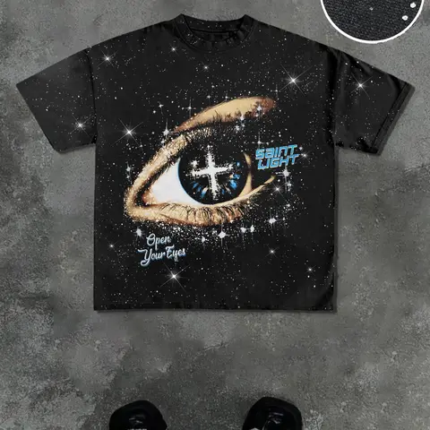 Men's Casual Streetwear Short Sleeve T-Shirt, Saint Eye Print with Shiny Star Details, Silver Color, Comfortable Fit, All-Season Wear, Top