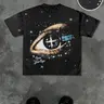Men's Casual Streetwear Short Sleeve T-Shirt, Saint Eye Print with Shiny Star Details, Silver Color, Comfortable Fit, All-Season Wear, Top
