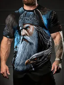 Men's Printed Short Sleeve T-Shirt, Odin Eye Norse God Viking Elder Eagle Print, American Retro Fashion, Sporty Style, Fitted