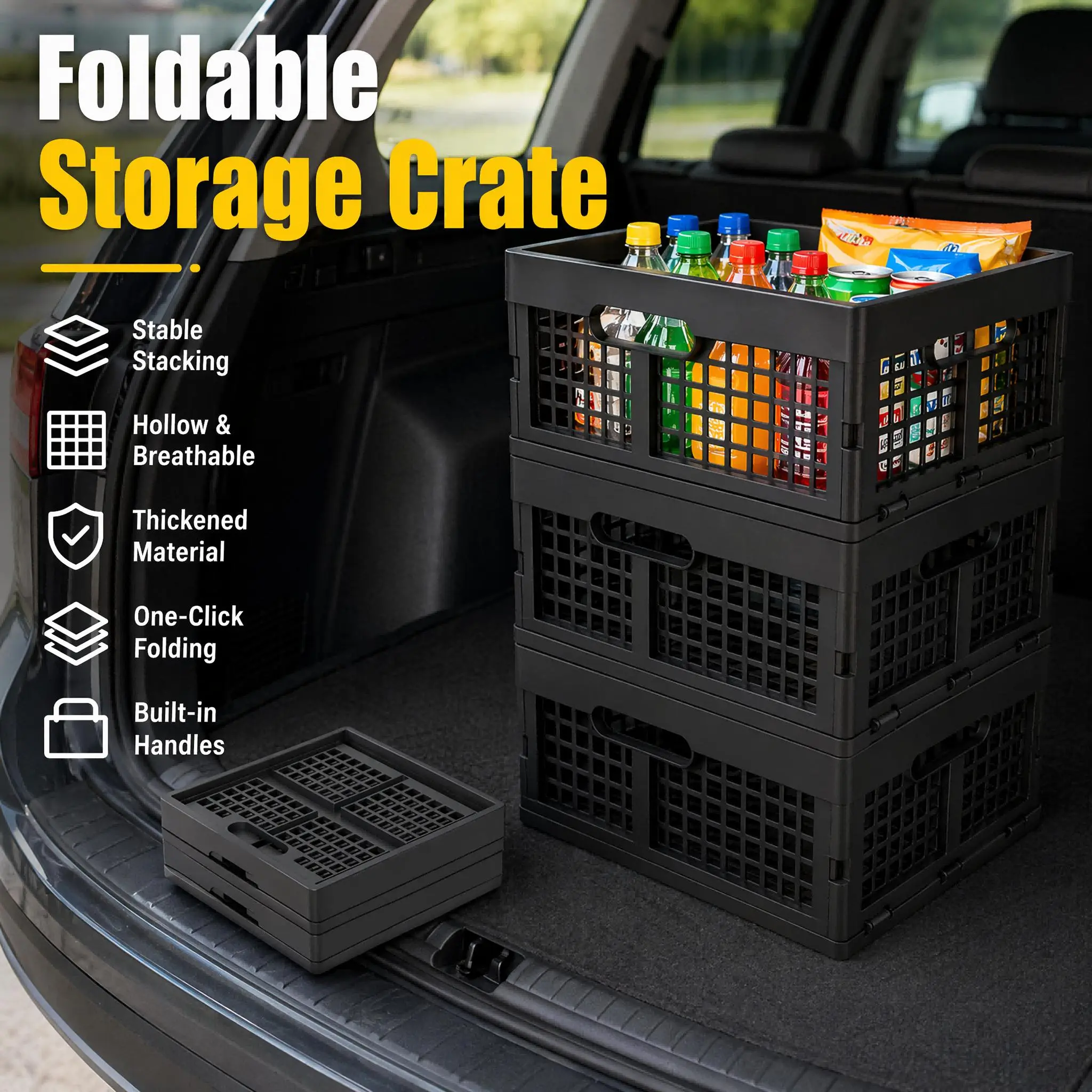 3 Pack Collapsible 16L Plastic Storage Crates With Built-in Handle Stackable Foldable Basket For Drinks Grocery Camping Garage And Household Organizing