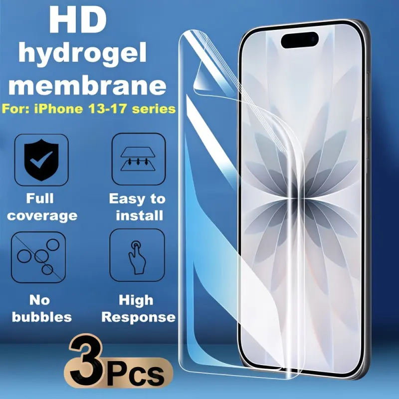 3PCS Full Screen Coverage Hydrogel Screen Protector for: iPhone Air, 17 Promax, 17 Pro, 17, 16e, 16, 16 Plus, 16 Pro, 16 Pro max, 15, 15 Plus, 15 Pro, 15 Pro max, 14, 14 Plus, 14 Pro, 14 Pro max, 13, 13 Pro, 13 Pro max. High-definition, anti-fingerprint,
