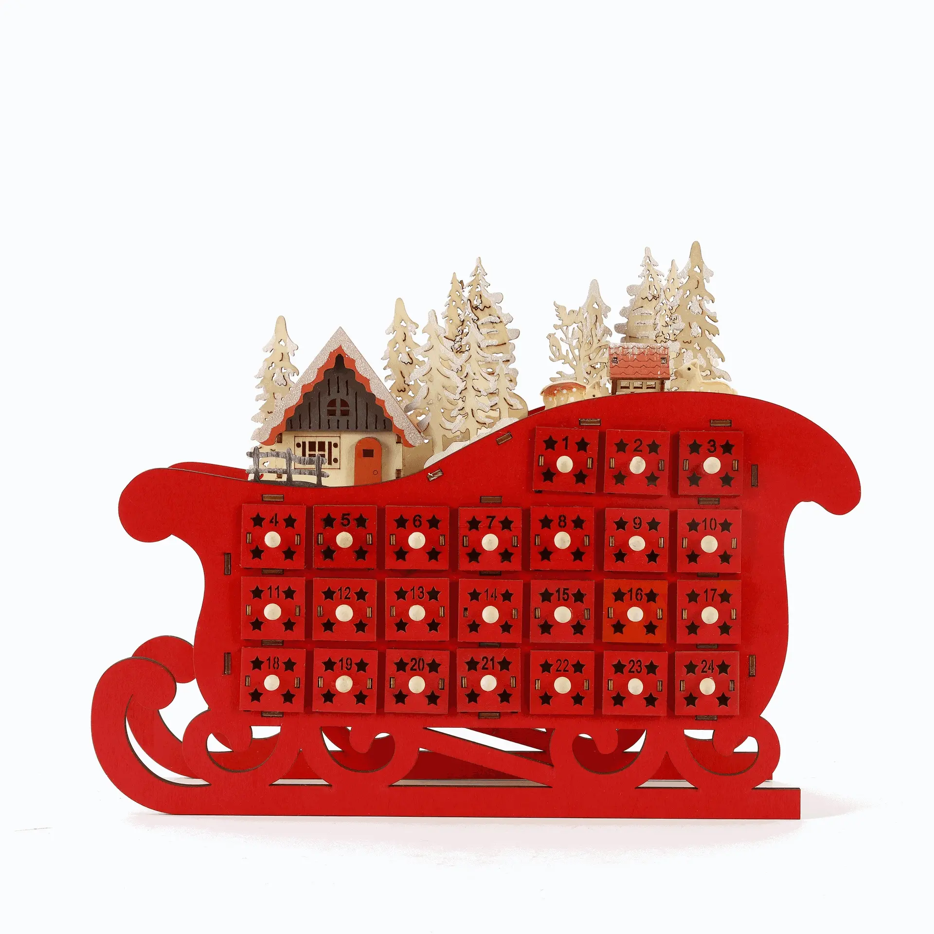 Winter Glow Lit Sleigh Christmas Advent Calendar, Polished Wood Countdown Decor with Pull-Out Drawers and Star Cutouts, European, 36X10x29 Cm