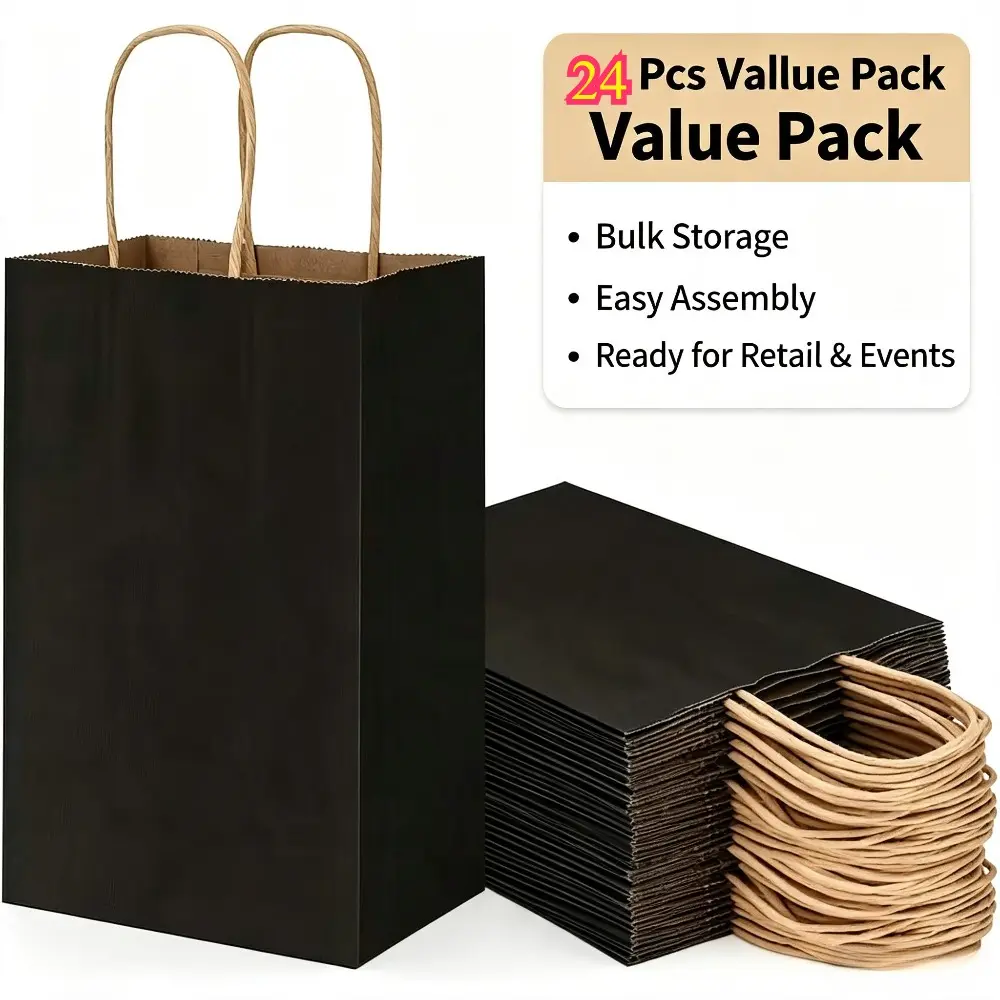 24 black Halloween paper gift bags with handles, anti-slip grips, high-quality paper shopping bags, suitable for party gifts, weddings, boutiques - reusable shopping and takeout bags - 14.8X8X21 cm, party, small gift bags, small businesses, Christmas