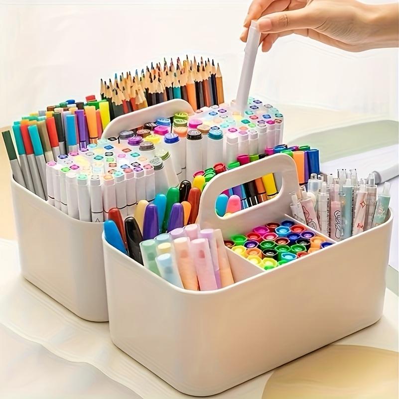 Multifunctional Storage Box with Handle, Five-Compartment Pen Holder Design, Portable Organizer for Desk Supplies, Office & Home Use