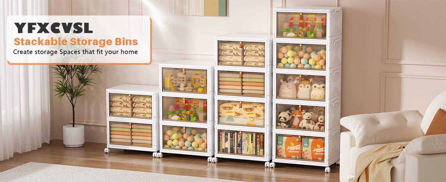 4 Tier Plastic Storage Bins with Lid 24QT, Stackable Storage Containers with Wheels, Folding Storage Boxes, Collapsible Storage Bins, Closet Organizers and Storage for Living Room,Office,Dorm