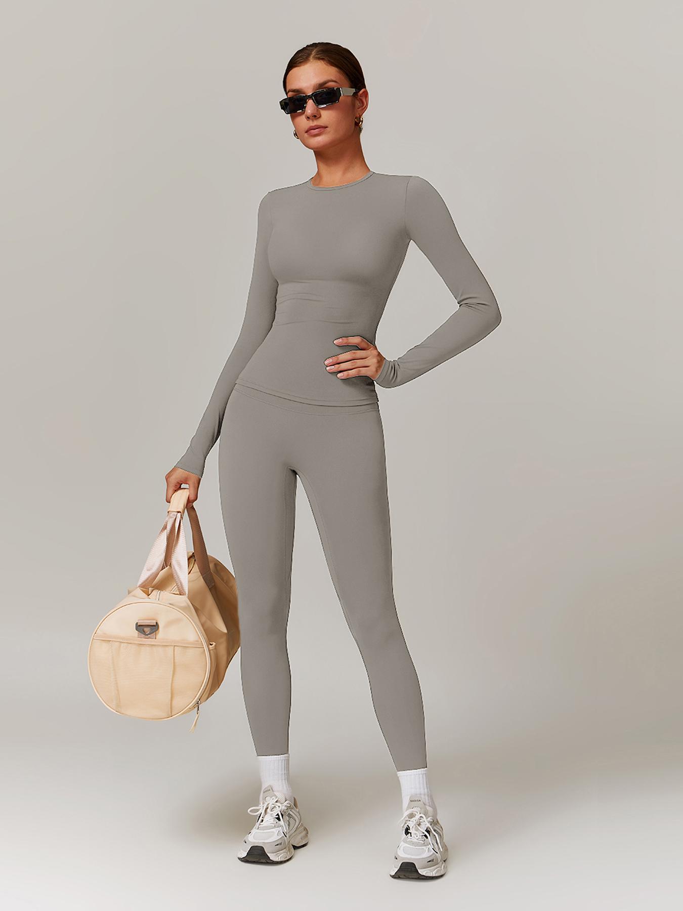 Women's Solid Long Sleeve Skinny Tee & High Waist Leggings Tracksuit Set, Workout Running Clothes, Sporty Breathable Quick Drying Outfits for Gym Workout Running, Ladies Outdoor Yoga Suit for All Seasons, Quick Dry Activewear