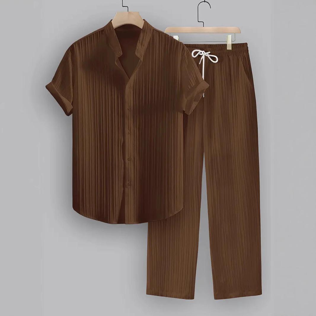 2026 Men's Striped Short-Sleeve Shirt with Button-Down Collar and Drawstring Trousers Set