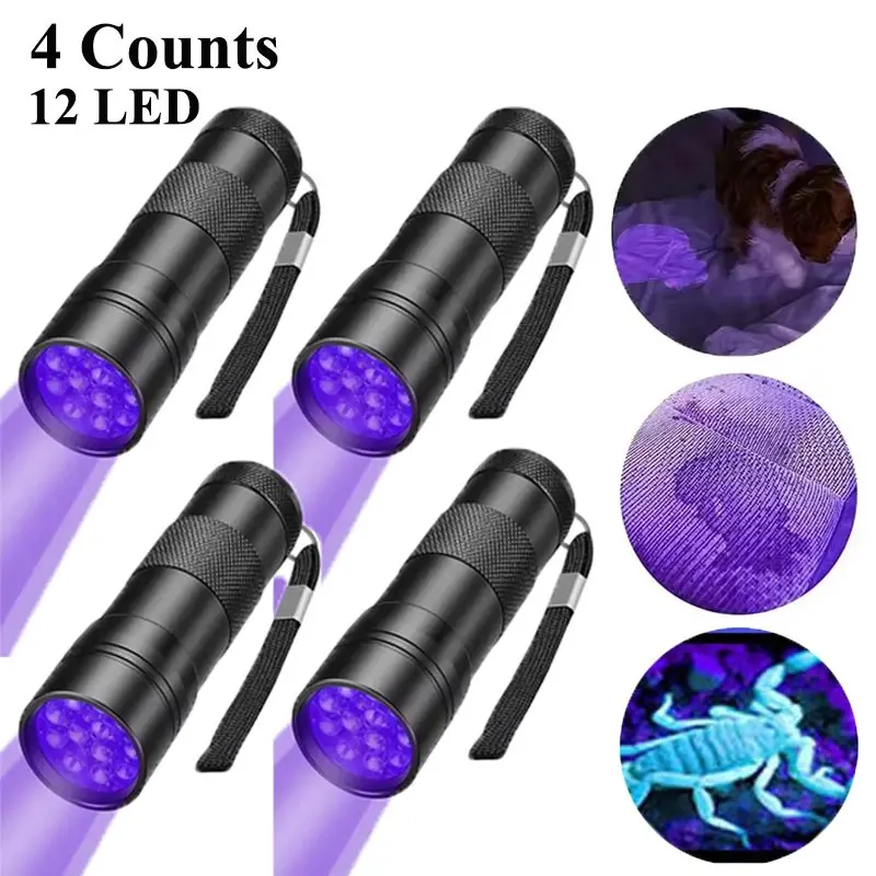 4-Pack Portable 12 LED UV Flashlights, 395nm Mini UV Pen Light, Currency Pet Stain Bug Detector, Outdoor Home Hygiene Check (battery Not Included)