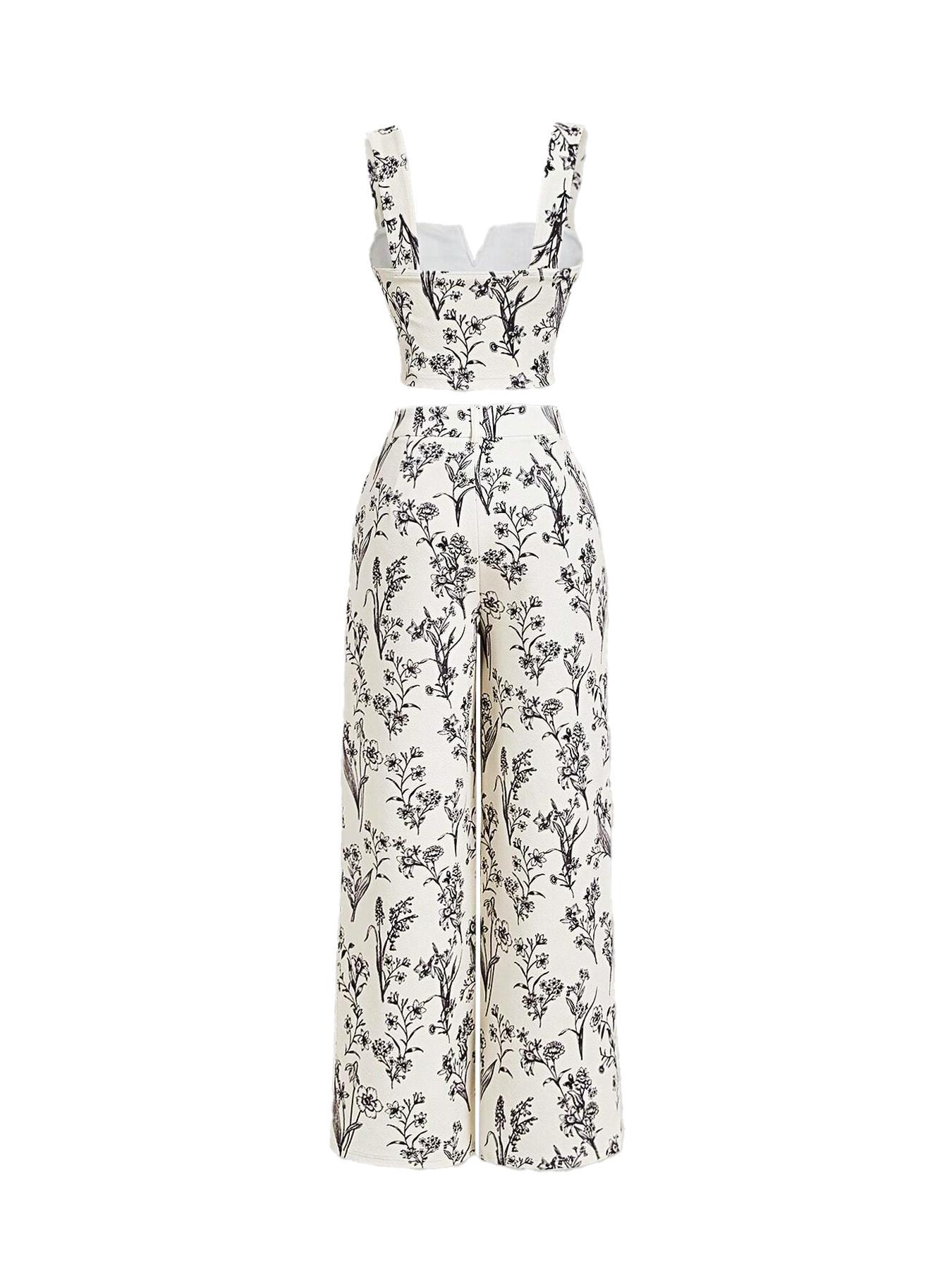 Women's Plants Print Tank Top & Wide Leg Pants Two-piece Set, Casual Sleeveless Top & Pants for Daily Wear, Ladies Summer Clothes