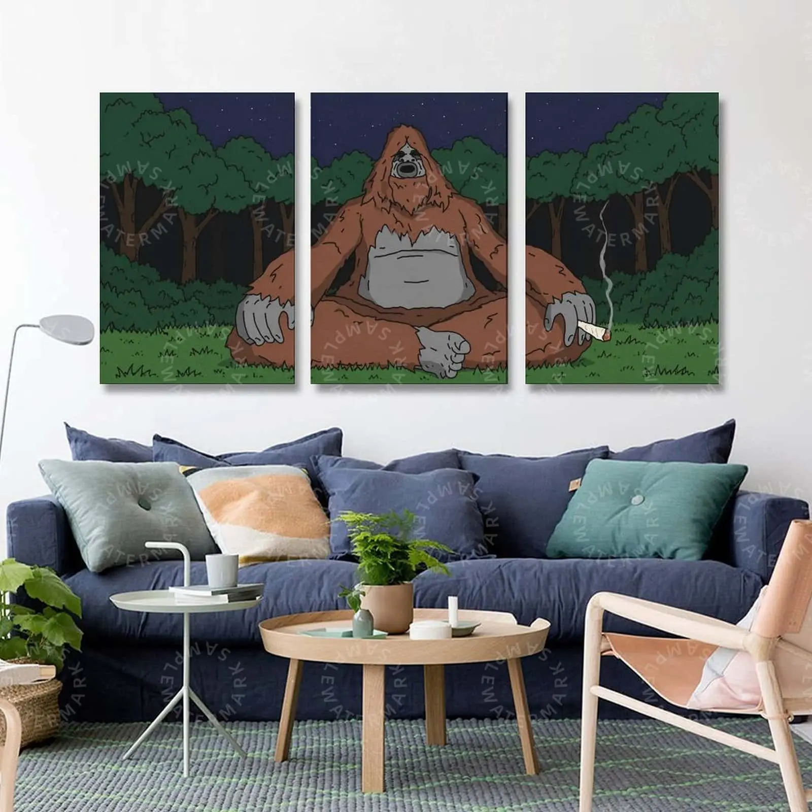 Funny Bigfoot Wall Art, Cartoon Sasquatch Triptych Canvas Poster, Chill Forest Creature Print, Humorous Aesthetic Wall Decor, Living Room Decor, Bedroom Wall Art, Game Room Decor, Office Wall Art Gift