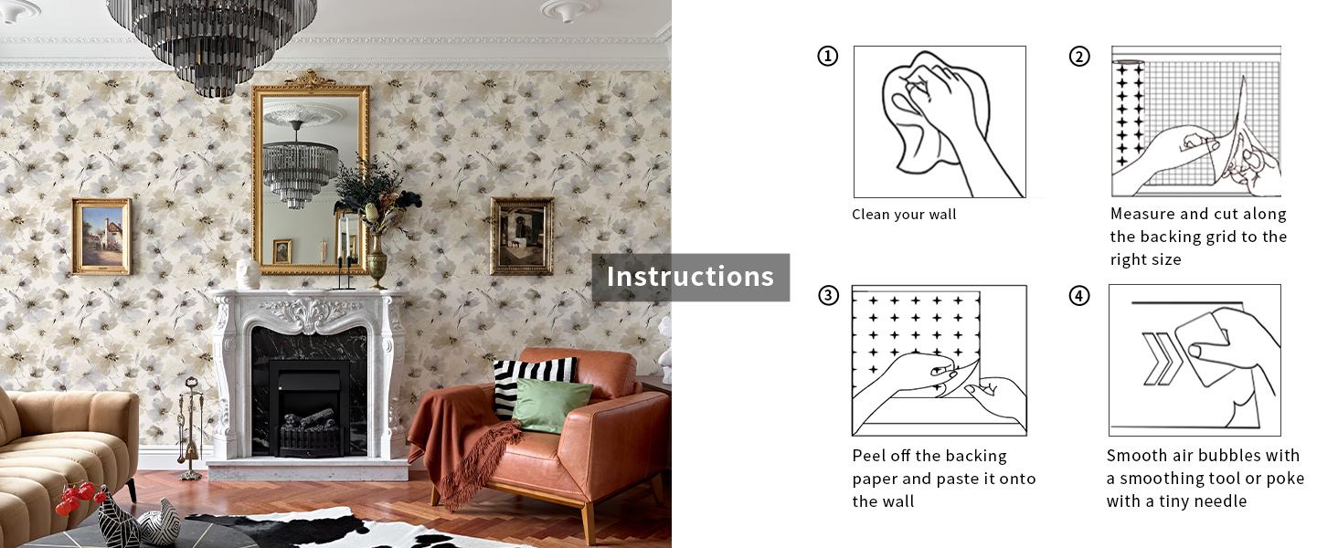 Floral Peel and Stick Wallpaper, Beige Yellow Watercolor Flower Contact Paper Peel and Stick for Bedroom, Vintage Removable Waterproof Self Wall Paper 118 x 17.3in, 14.4 sq.ft