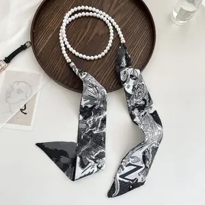 French silk scarf retro pearl necklace decorative scarf women's neck chain braided hair tie bag ribbon versatile collarbone chain headband