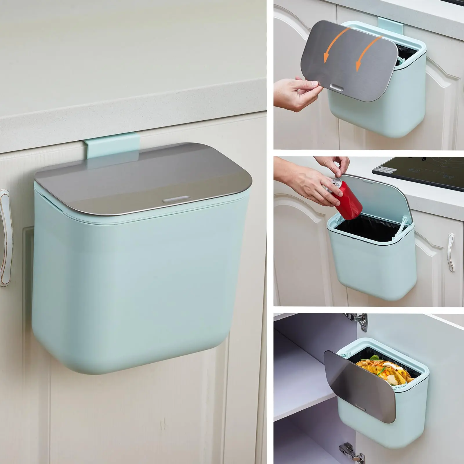 Garvee 1.8 Gallon Hanging Compost Bin with Stainless Steel Lid, Under Sink Kitchen Cabinet Door Mounted Food Waste Container for RV, Bathroom, Office Use