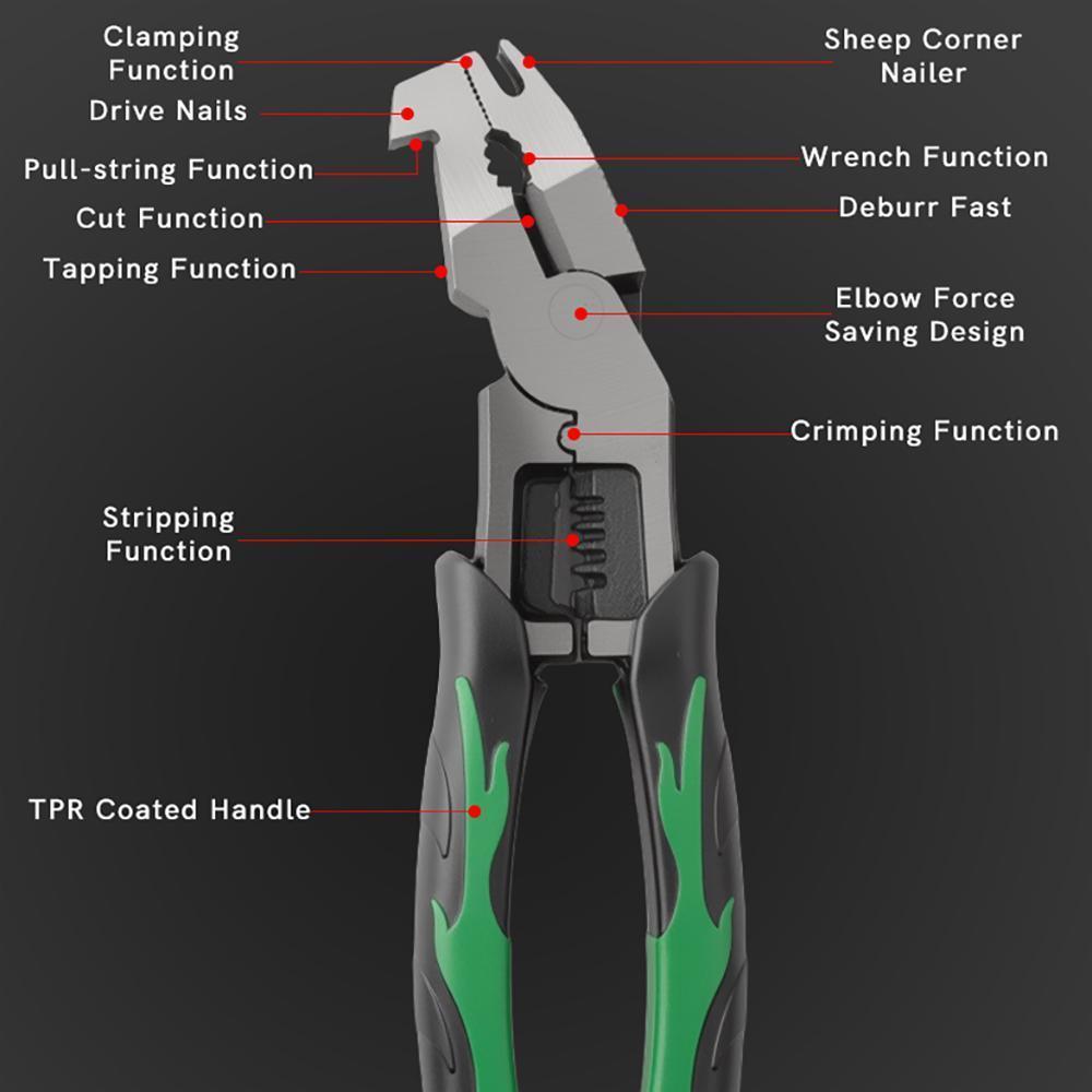 Industrial-Grade Multi-Function Cutting Pliers, Heavy-Duty Multi-Functional Pliers Nail Puller/Wire Cutter/Stripper/Crimper Compound Action Leverage Design Industrial Chromium-Vanadium Steel Plier