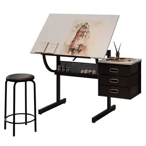 45.27 Inch Adjustable Tilt Drafting Table 0-75 Degree E1 Particle Board Powder Coated Steel Frame With 3 Storage Drawers Stool For Art Craft Writing Drawing