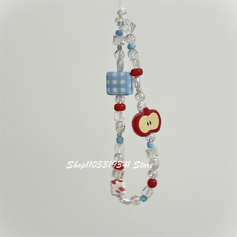 Korean Cute Apple Pearl Beaded Phone Charms Chain For iPhone 16 15  Accessories Phone Strap Anti-Lost Lanyard Hanging Rope Girl