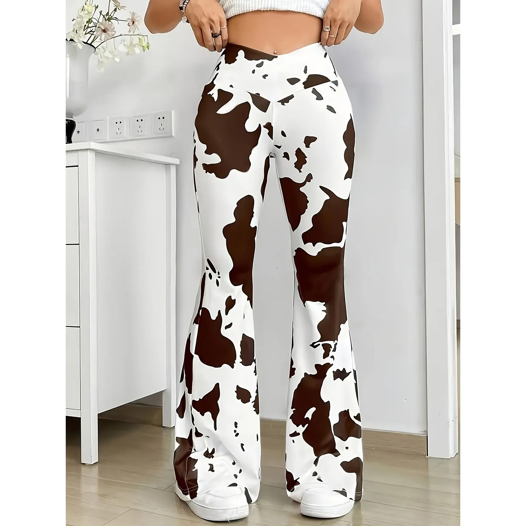 Women's Plus Size Cow Print Flare Pants, Casual Trousers in Medium Stretch Knit Polyester, Machine Washable