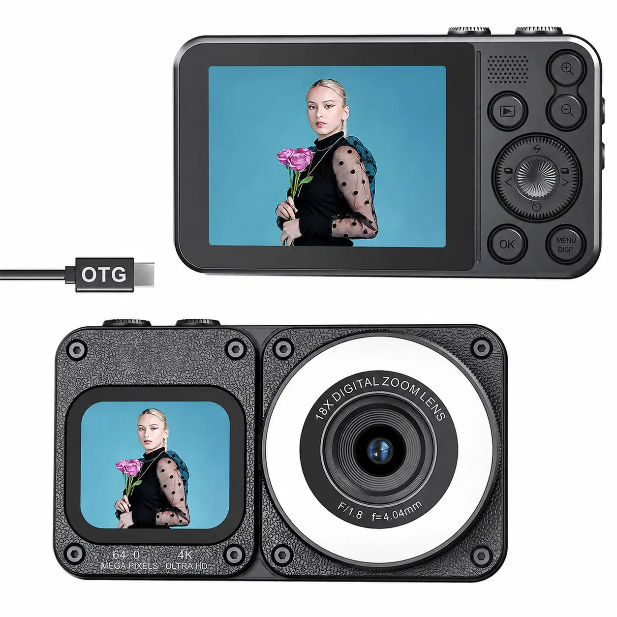 Ccd Digital Camera, 1080P Full HD, 64mp Dual Screen, 18x Zoom, USB-C Charging, Ideal for Youtube, Travel, Beginners, Compact & Portable