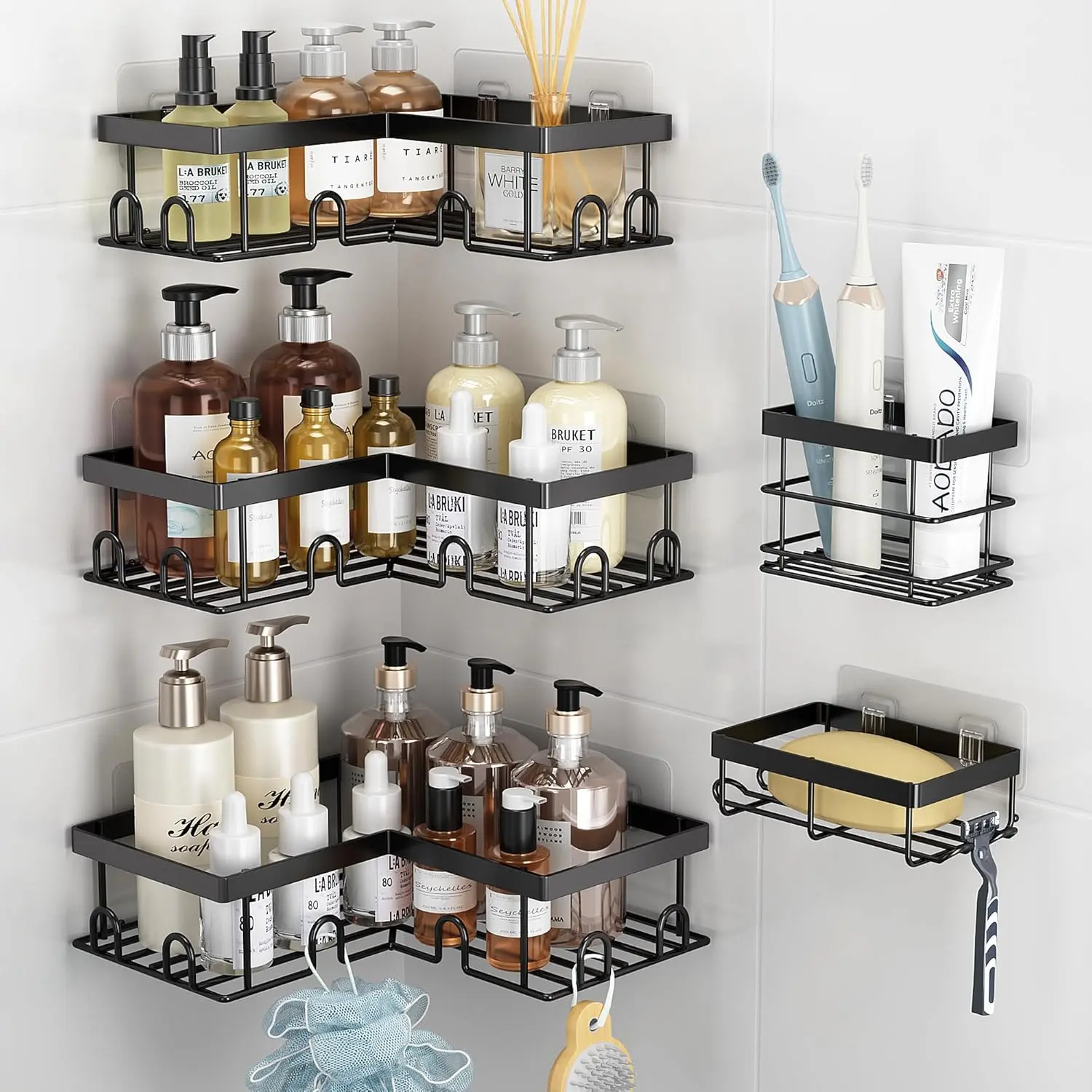 Corner Shower Caddy 5 Pack, Rustproof Stainless Steel Shower Organizer with Soap Rack Toothbrush Holder, Large Capacity Adhesive No Drilling Bathroom Storage Decor Set, Black