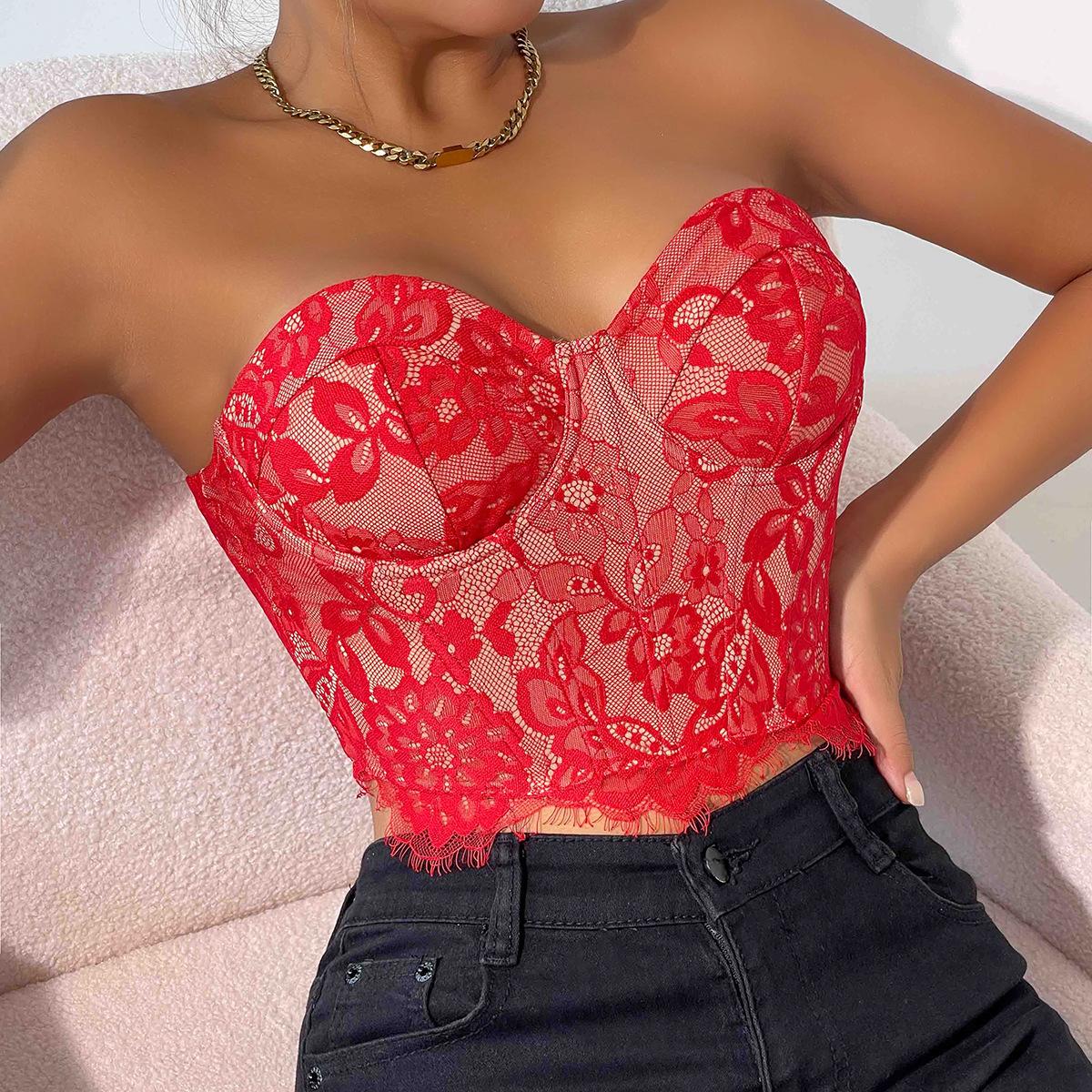 Women's Top Sexy Lace Eyelash Flower High Sense Underwear Bandeau Vest Womenswear Comfort Apricot Basic