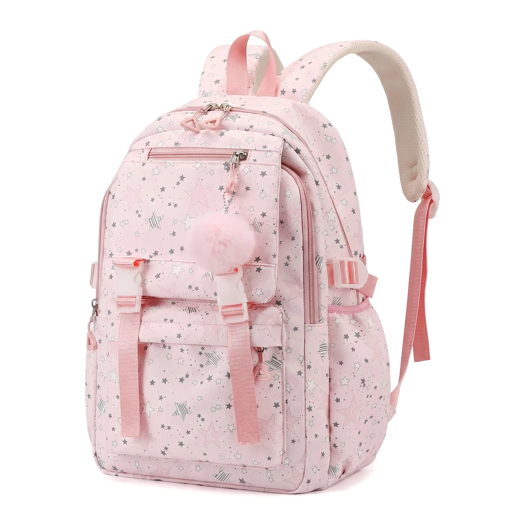 Cute Campus Backpack For Teens Roomy Laptop Compartment Wear Resistant Polyester Zipper Closure Stylish Stitching Design For School Daily Use Purple Blue Pink Green