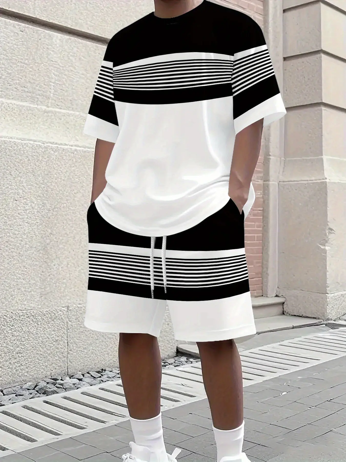 Fashion Patchwork Short Sleeve Tee Set, Paris Letter Print, Round Neck Top & Shorts, Casual Summer for Men, Casual Tees Set, Shorts Matching Set, Outfit Sets, Menswear
