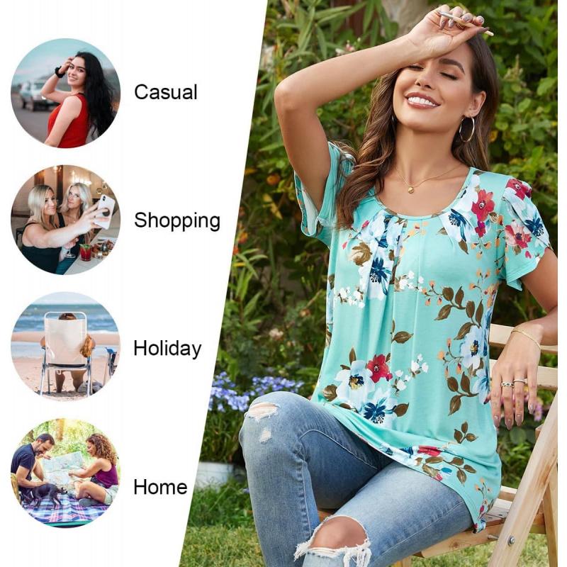 Womens Tops 2026 Spring Summer Tunic Short Sleeve Casual Shirts Pleated Blouses for Leggings M-3XL
