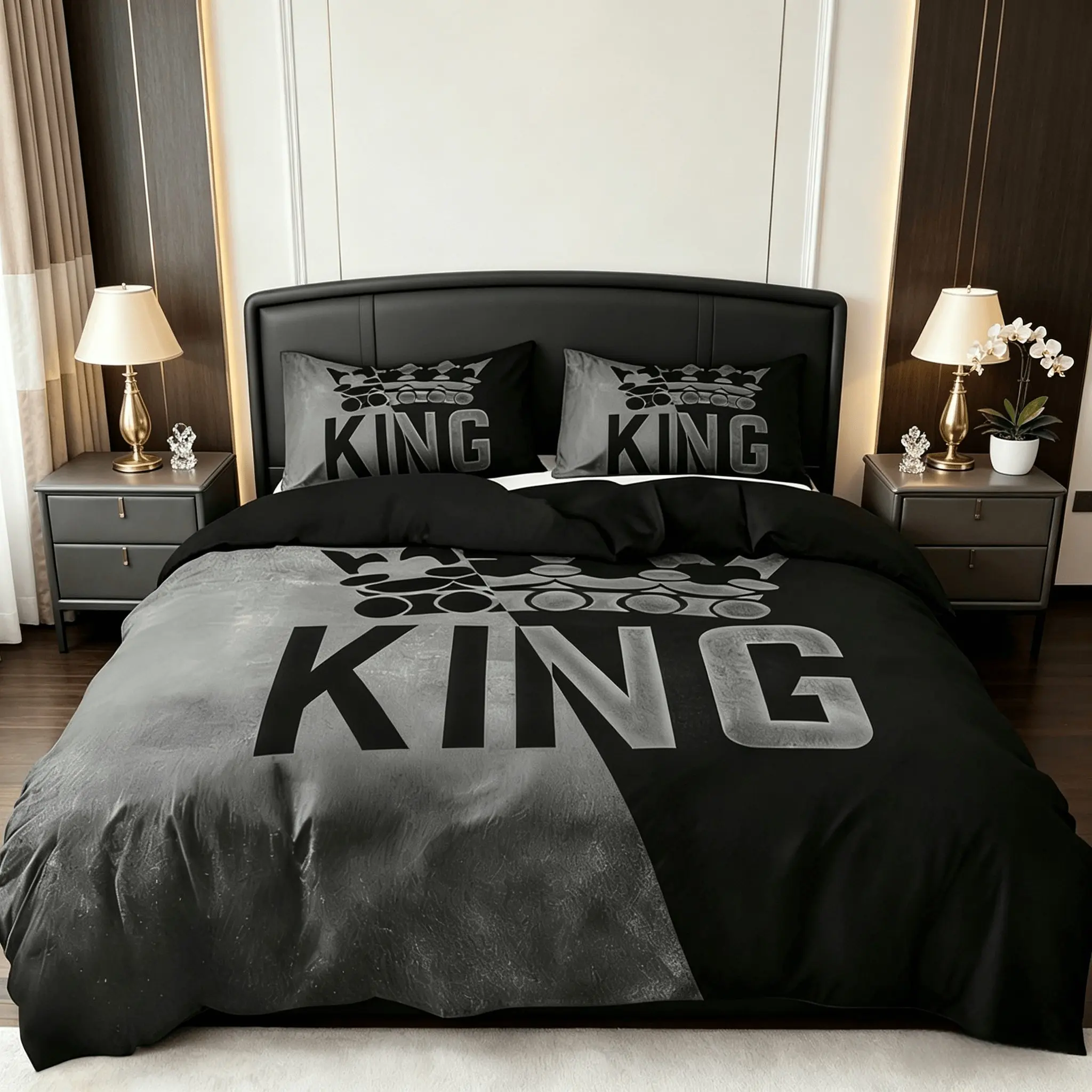 3-Piece Crown King Print Duvet Cover Set, Print Bedding Set, Grayish Black, Soft and Comfortable, Includes 1 Duvet Cover and 2 Pillowcases, No Insert, All-Season Use