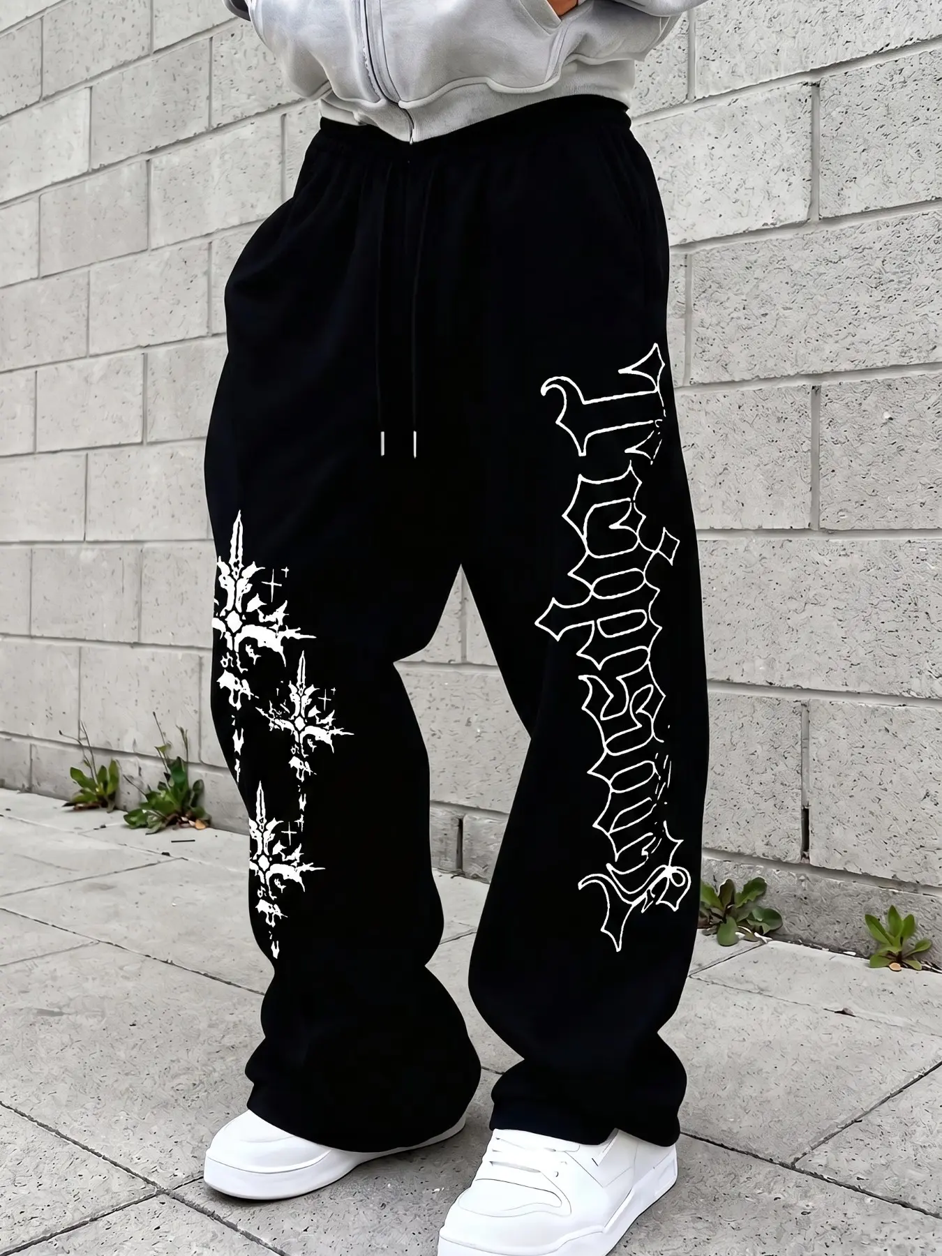Soft Polyester Men Elastic Drawstring Wide Leg, Baggy Gauchos Pants, Gothic Cross Vertical Vintage Letter Print Casual Pants, Menswear Clothing, Dark Punk Y2K Streetwear Bottoms For Daily Outdoor