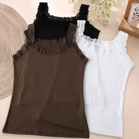Women's Solid Color Pajama Top, Casual Comfortable Lace Trim Sleeveless Pajama Top, Camisole Tops for Daily Wear, Ladies Sleepwear for All Seasons, Tank Top, Underwear, Everyday, Elastic Tank Top, Knitted Tank Top
