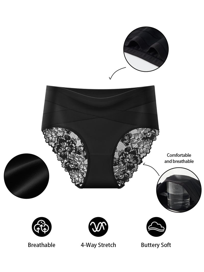 QUASTI 10 PCS Cross Design Skin-Friendly Lace Sexy Women's Underwear, High Waisted Milk Silk Fabric Soft Knicker for Breathable Comfy, Solid Color Panty Female Intimates, Suitable for Daily Wear