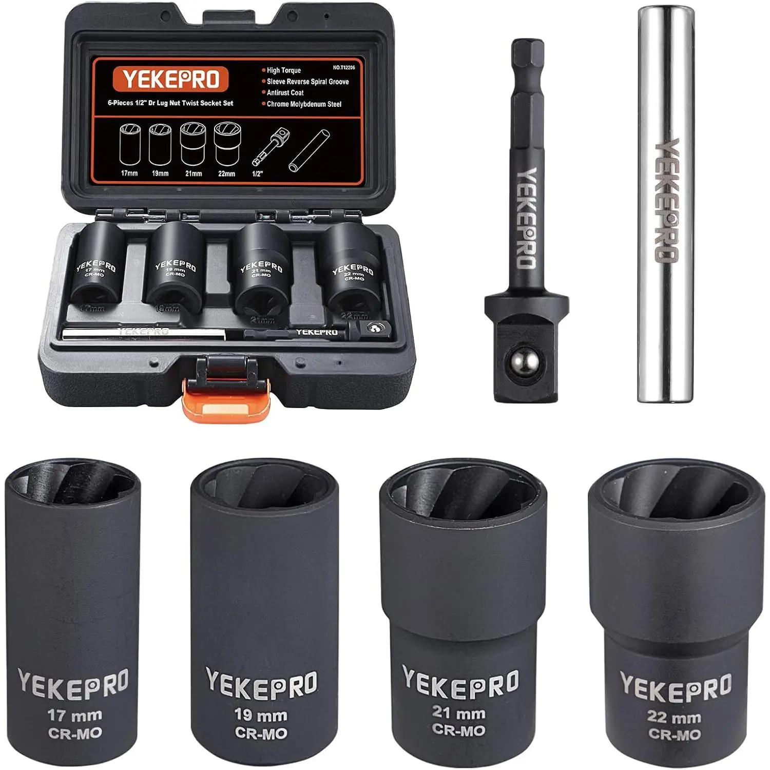 6PCS Lug Nut Removal Tool, 1/2 Inch Bolt Extractor Set| twist set, 17,19,21,22mm wheel lock removal kit for removing damaged, frozen, nuts & screws, Cr-Mo